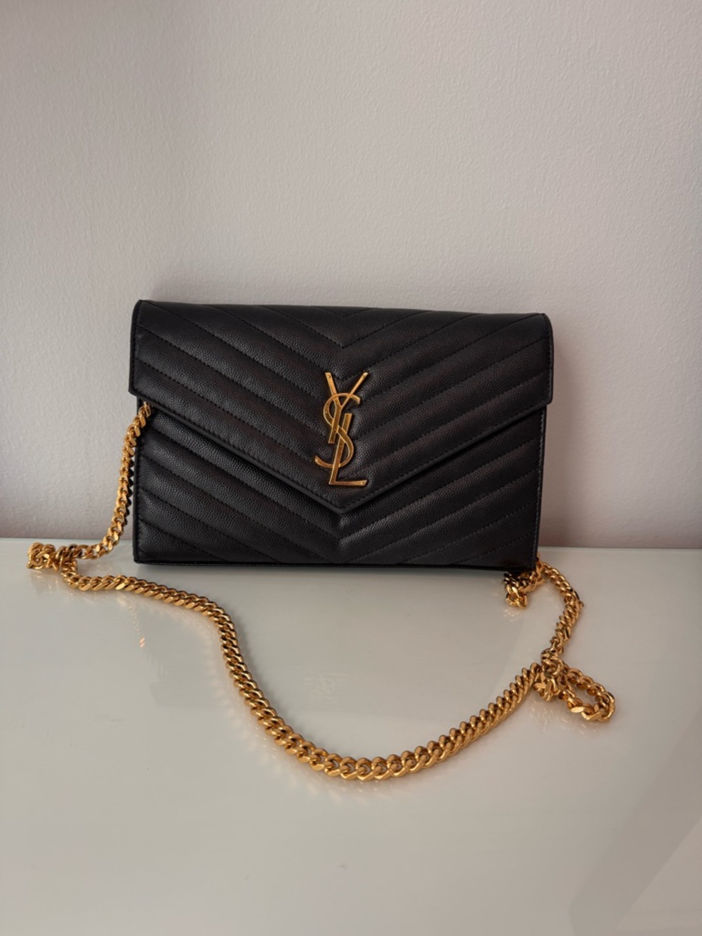 Saint Laurent Black Quilted Leather Chain Crossbody with Gold Hardware